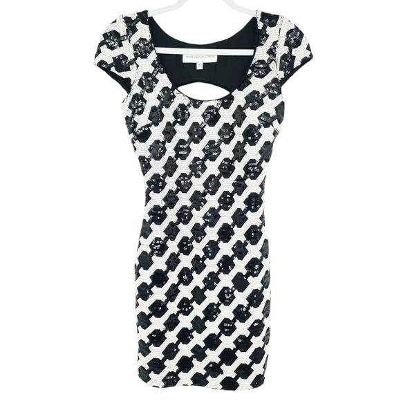 Dress the Population M‎ Open Back Sequin Pencil Dress Black White Party Cocktail - Picture 1 of 8